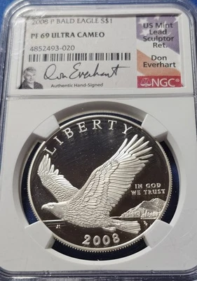 A 2008 P Bald Eagle Commemorative Silver $1 NGC PF69UC Don Everhart Signed  - Image 1 of 2