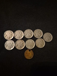 Lot Of 9 Buffalo Nickels 1 Indian Head Cent Vintage Circulated US Currency - Picture 1 of 6