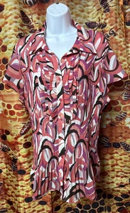 east 5th Women 2x button front blouse pink orange swirl short sleeve acordion - Picture 1 of 4