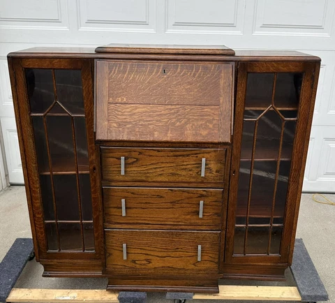 English Antique Tiger Oak Art Deco Sideboard Secretary Cabinet buyer$ship Cover