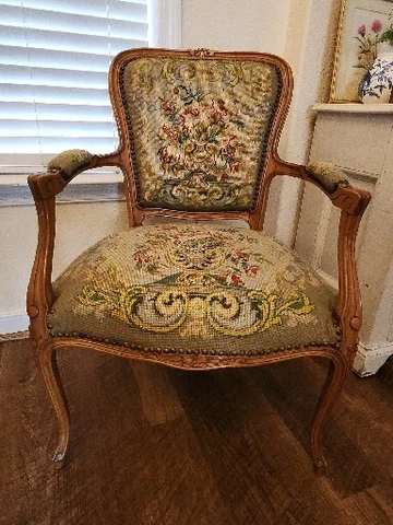 French Provincial Antique Arm Chair Floral Needlepoint Can Ship Cover