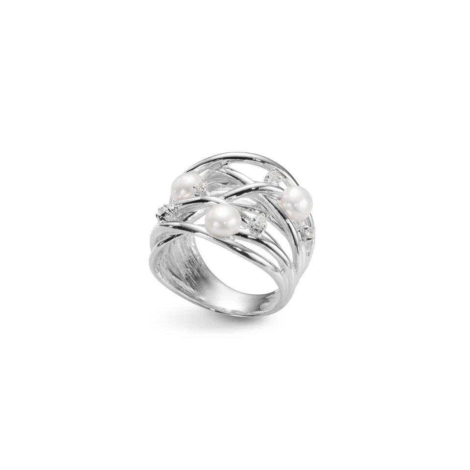 ANELLO IN ARGENTO 925 BIANCO MULTIFILO LUCIDO CON PERLE ACQUA DOLCE E ZIRCONI - Immagine 1 di 1