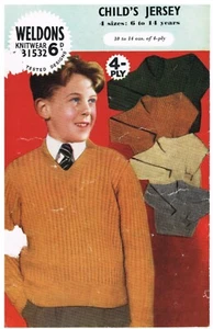 Vintage 4 ply Child’s V Neck Jumper Jersey Sweater To fit 6 - 14 yrs Twisted Rib - Picture 1 of 2