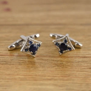 Natural Blue Sapphire Gemstone Sterling Silver Minimalist Men's Cufflinks - Picture 1 of 3