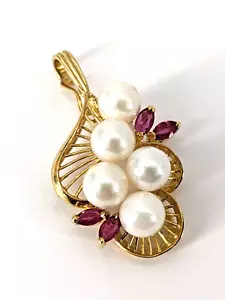 14KT Yellow Gold 5.12g 5 Pearls & 4 Ruby Stones Pendant Brooch Pin - Picture 1 of 9