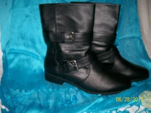 Motorcycle Boots - Black - Inside Cushion - Leather-Like - Slip-On - Size 8 - Picture 1 of 3