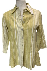 Camisa de lino Soft Surroundings Livienne Chartreuse a rayas botones de fregona talla XS NUEVA CON ETIQUETAS - Imagen 1 de 13