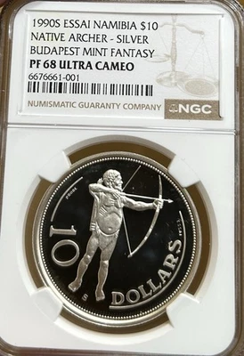 1990 Namibia $10 Native Archer NGC PF68 Budapest Mint Silver - Image 1 of 2