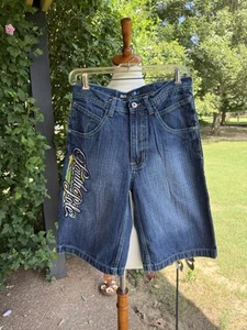 VTG Y2K SouthPole Denim Shorts Sz 12 Boys Embroidered Logo Stitching Hip Hop - Picture 1 of 7