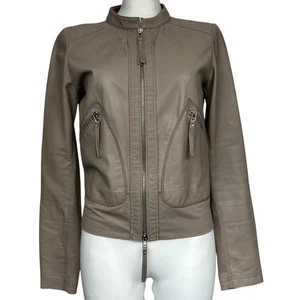 Pinko Brown Leather Cotton Zip Jacket Lightweight Women Size 46 - Picture 1 of 7