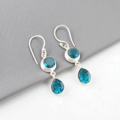 Apatite Gemstone 925 Sterling Silver Handmade Jewelry Earrings 1.8" Gift For Her - Imagem 1 de 4