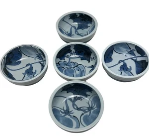 5 japanische Ton Geschirr Suppenschüsseln blau weiß Porzellan Ernte 5er Set EUC 6,25"D - Bild 1 von 7