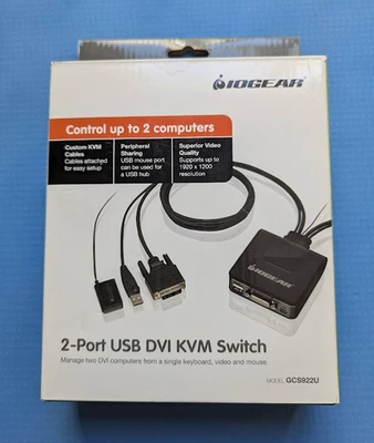IOGEAR 2-Port USB DVI Cable KVM Switch Box GCS922U - Image 1 of 3
