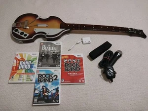 Wii Beatles Rock Band Bass Hofner Guitar Bundle. Harmonix Nwgts3 - Picture 1 of 8