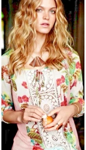 Meadow Rue Anthropologie Top Floral Print Lace Blouse Size M Cottage Core Boho - Picture 1 of 14
