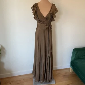 Tadashi Shoji Collection Brown Silk V-Neck Flutter Short Sleeve Pleated Gown 2 - Picture 1 of 13