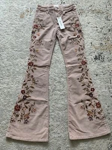 New Free People Driftwood Flare Farrah Whispring Vine Embroidrd Corduroy Pant 26 - Picture 1 of 8