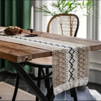 Schöner Tischläufer Boho Tischdecke mit Fransen Leinen Mischgewebe 30 x 200 cm - Bild 1 von 3