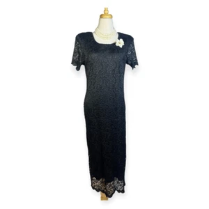 Vintage Helene Blake Lace Midi Dress Womens 14P Black Overlay Lined 80s - Picture 1 of 11
