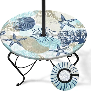 Coastal Beach round Outdoor Tablecloth with Umbrella Hole, Plaid Fitted Table Co - Picture 1 of 6