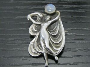 Antique Sterling Silver Art Nouveau Moon Woman Moonstone Brooch Pin