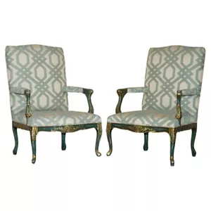 PAIR OF VINTAGE PAINTED GREEN FRENCH FRATELLI ARMCHAIRS ORNATELY CARVED FRAMES - Picture 1 of 24