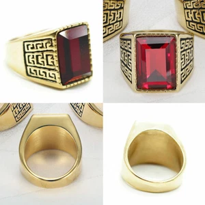 US Men Gold Plated Stainless Steel Red CZ Crystal Stone Ring Men Size 7-11 - Picture 1 of 29