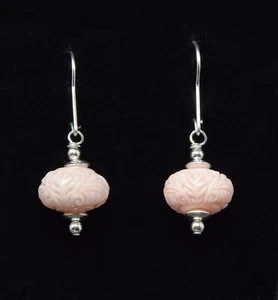 .925 Sterling Silver & Genuine Carved Pink Branch Coral, Kidney Hook Earrings - Picture 1 of 7