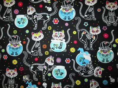 CATS XRAY SKELETON FISH BLACK VET DOCTOR NURSE DENTIST COTTON FABRIC FQ - Image 1 of 4