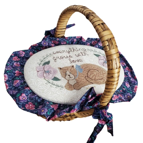 Vintage Cat Embroidered Purple Ruffle Covered Wicker Basket with Lid Cover