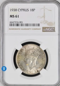 CYPRUS 18 piastres 1938 in MS61. NGC Graded !! - Picture 1 of 2