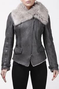 Ladies Short Biker Real Shearling Sheepskin Aviator Toscana Flying Jacket Grey - Picture 1 of 8