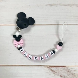 Schnullerkette Nuckelkette mit Namen Silikon Mädchen rosa schwarz Maus - Bild 1 von 1