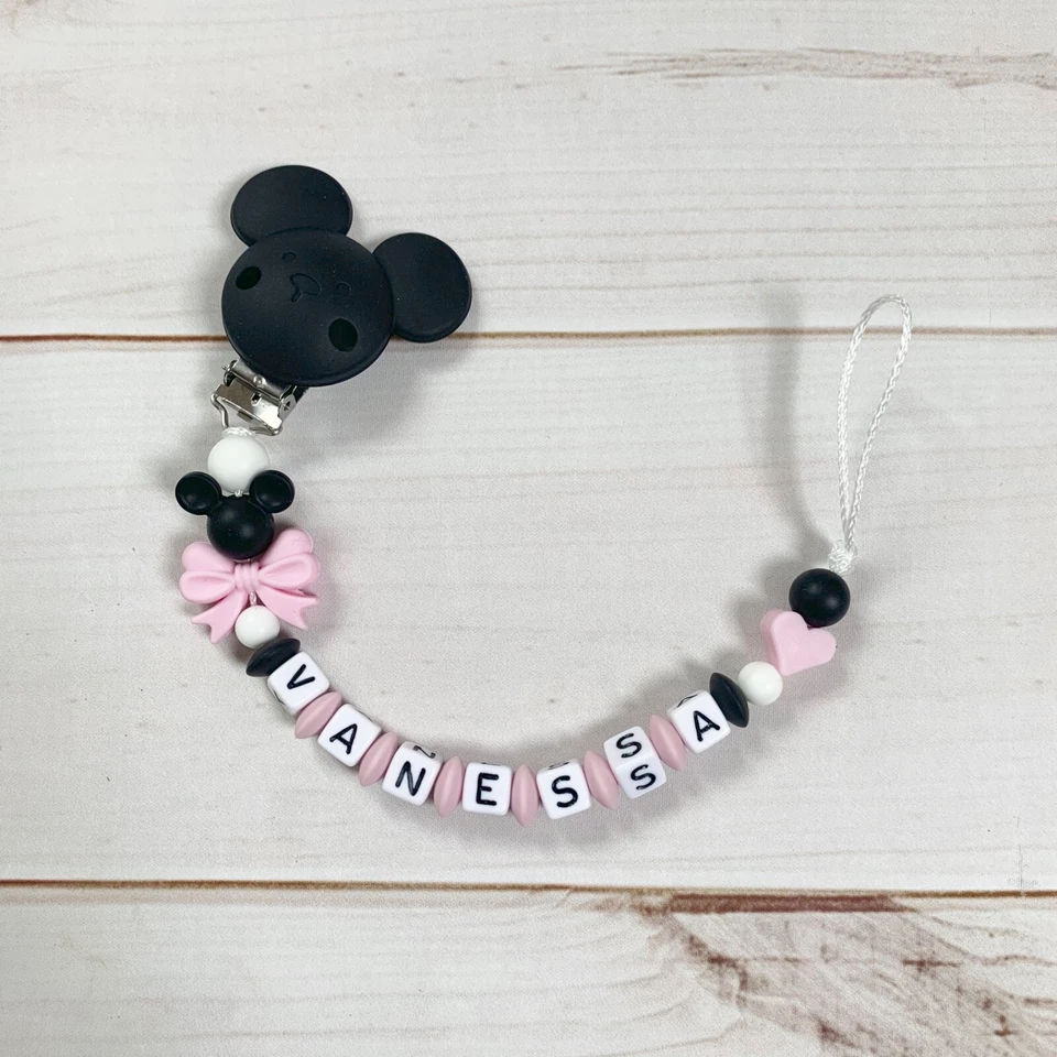 MARKENLOS Schnullerkette Nuckelkette mit Namen Silikon Mädchen rosa schwarz Maus