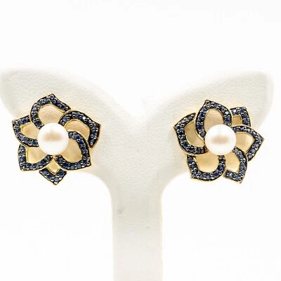 1.00ct Natural Blue Sapphire and Pearl Stud Earring 925 Sliver in Gold Plated - Image 1 of 4