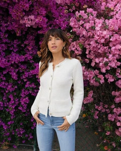NEW EXPRESS $128 SWAN TEXTURED EMBELLISHED BUTTON FRINGE SWEATER JACKET SZ S - Picture 1 of 6