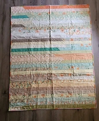 手工制作复古条纹被子多色花卉 50 x 64 英寸绿色粉色橙色 — 第 1/4 张图片