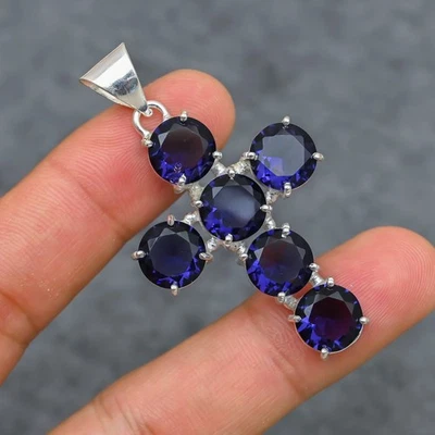 Natural Blue Sapphire Handmade Cross Pendant 925 Silver Jewelry Christmas Gift - Image 1 of 4