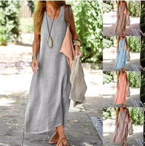 Maxi Sundress Crew Neck Women Ladie Summer Pockets Sleeveless Casual Solid Dress - Picture 1 of 11