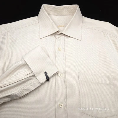 Brioni Shirt Mens 16.5 33 Cream Beige Stripe Dress -french cuff- Made Italy - Image 1 of 4