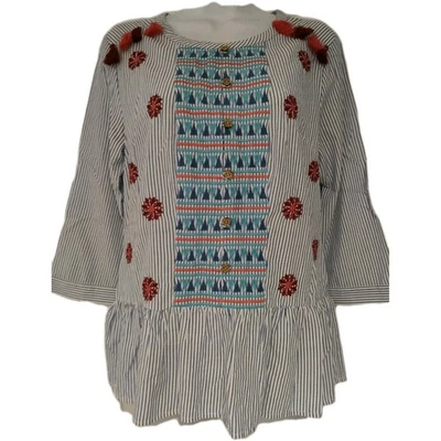 Womens Joe Browns Blue White Stripe Embroidered Tassels Peplum Cotton Blouse 14. - Image 1 of 4