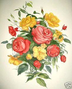 1850 Pauline Girardin red yellow roses Bouquet lithograph Goupil & Co. Paris - Picture 1 of 3