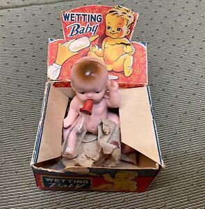 Vintage Painted Bisque Baby Tiny 3” With Glass Bottle In Original Box