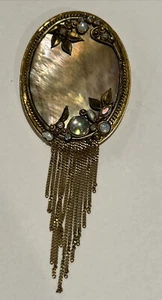 Vtg Signed Marena Brass Rhinestone Mother of Pearl Tassel Pin Brooch pendant - Picture 1 of 4