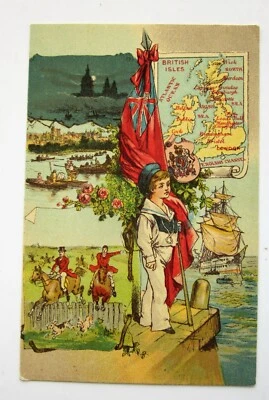 c1900 Post Card Map Great Britain Patriotic Imperial Boy Flag Ship Hunt London - Изображение 1 из 4