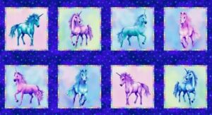 Unicorn Dreams by Henry Glass Blue Unicorn Block Quilt Fabric Panel 23" x 43"