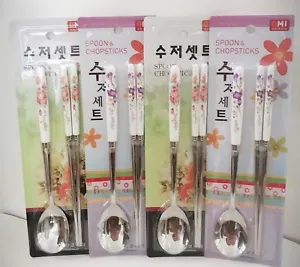 Spoon and Chopstick Set METAL 2 set only w/ plastic handle Flower decoration - Picture 1 of 9