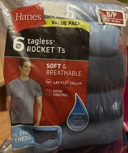 Hanes Mens 6 Pack Tagless Tshirts Pocket Tee Shirt Size Small 34-36 Tagless - Picture 1 of 5