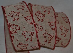 Wired Ribbon~Country Christmas Chicken~Peep~Tan~Holiday Red Chick~2.5"~Gift~Bow - Picture 1 of 1