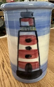 Amora Italy Pottery CROCK Utensil Wine Holder 7.25" Tall Lighthouse - Picture 1 of 5